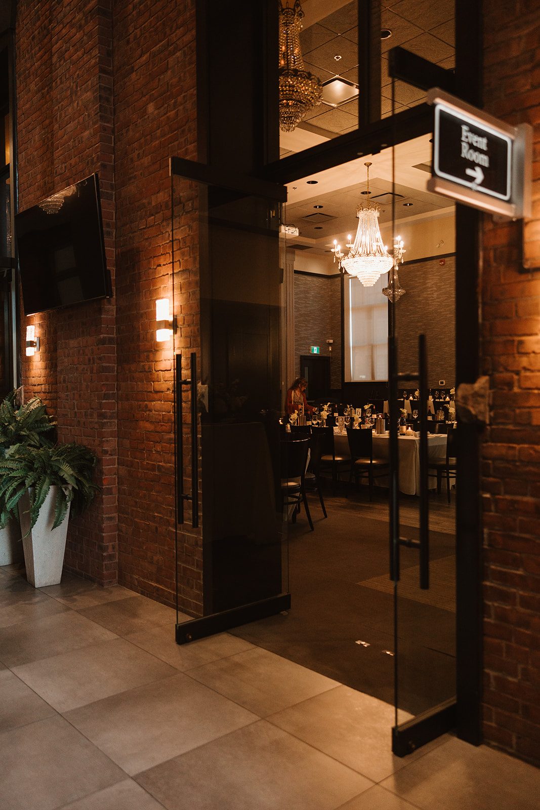 Event room entrance with chandelier