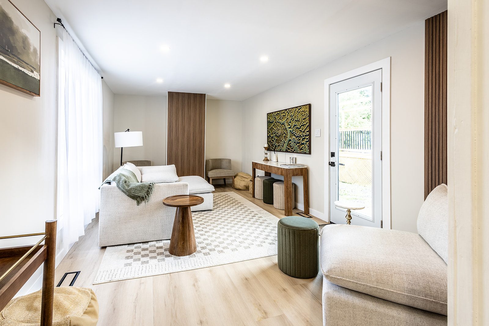 Den with wood accent wall